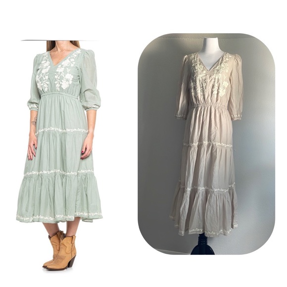🆕NWT Lucky Brand Embroidered 3/4 Sleeves Tiered V-Neck MIDI Dress - Picture 1 of 11